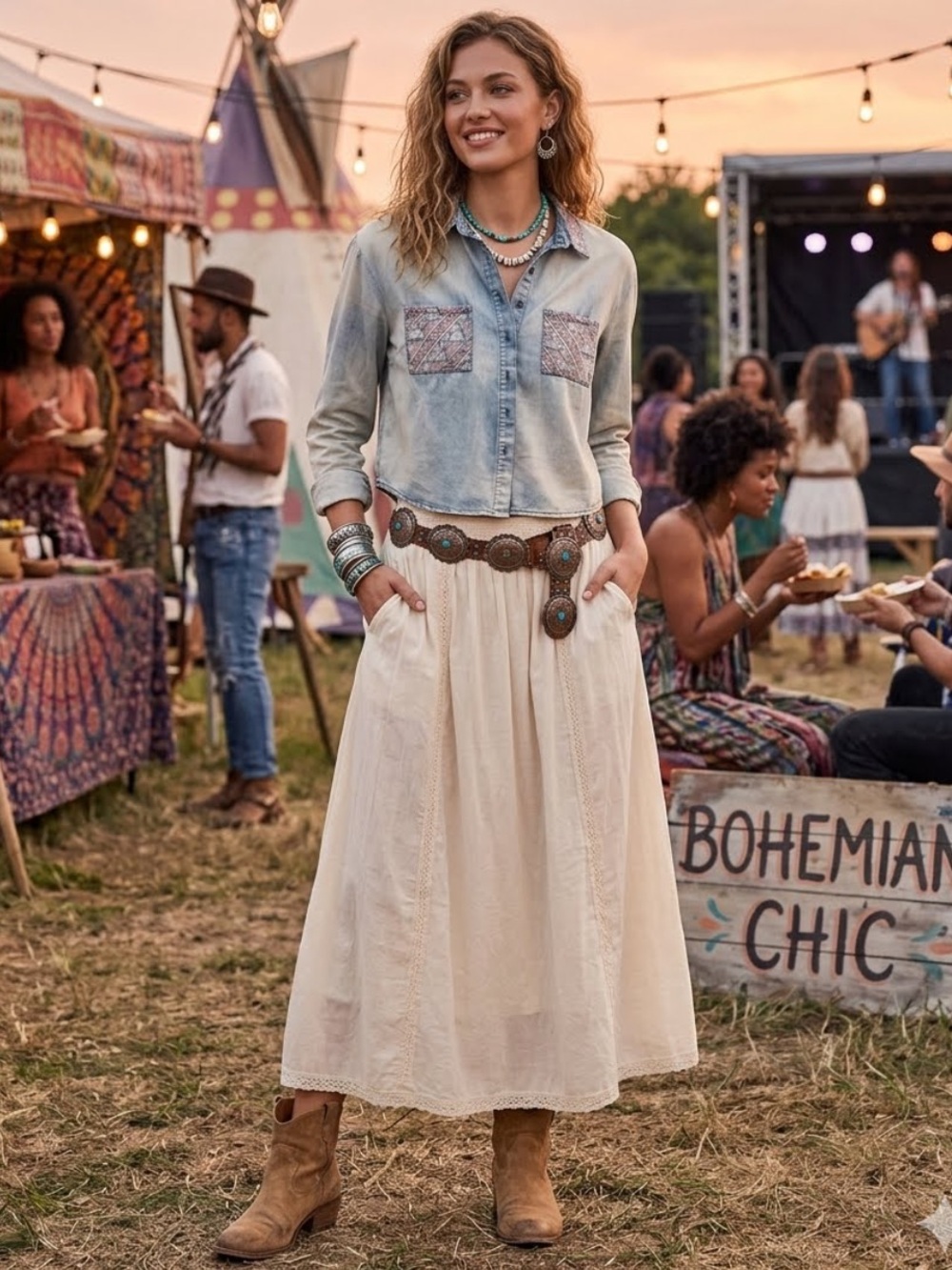 dani Chambray Crop Top Shirt 100% Cotton Stitch Pockets Bohemian Festival Medium